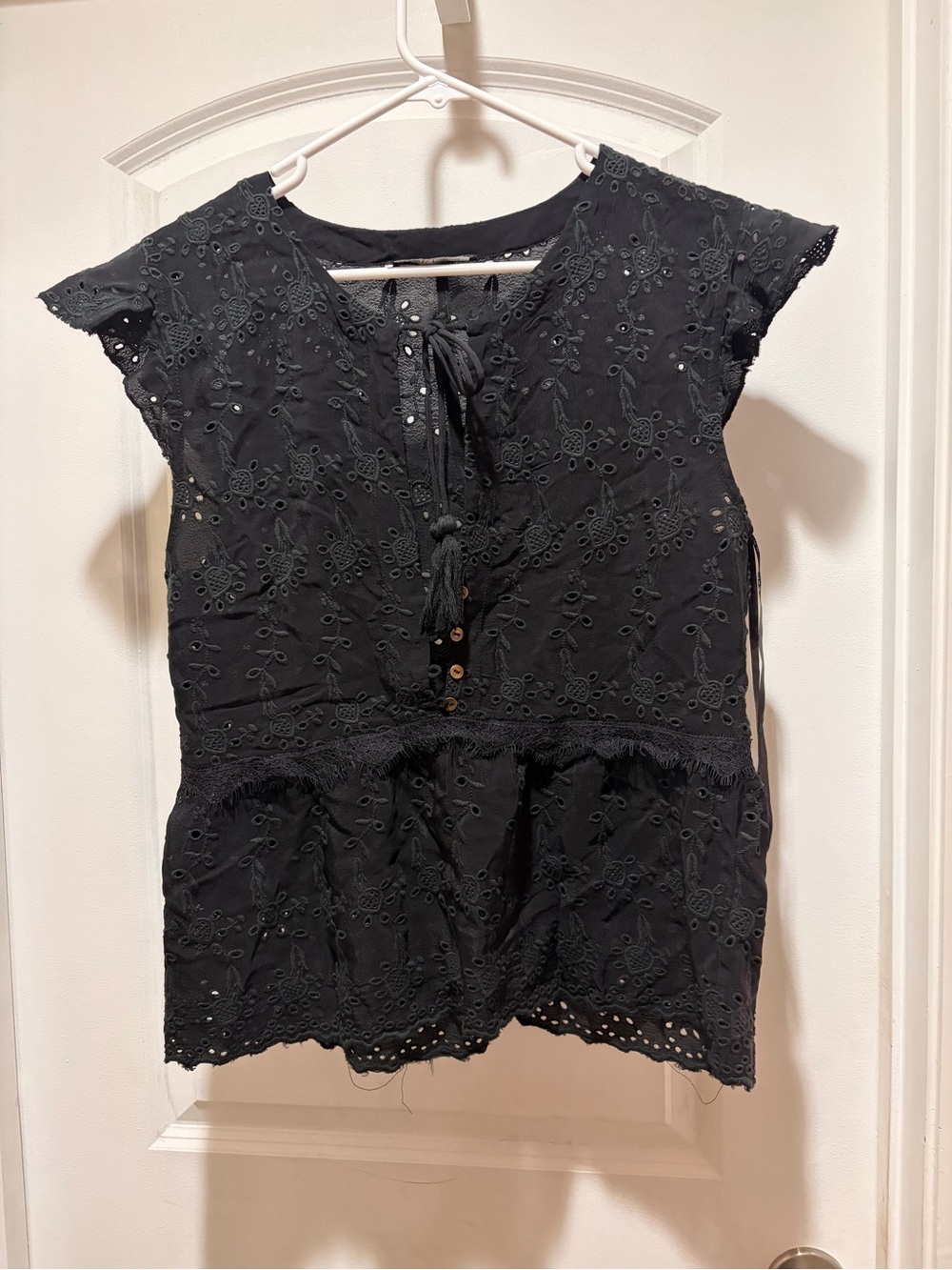 Gypsy 05 Black Eyelet Tie-Neck Peplum Top